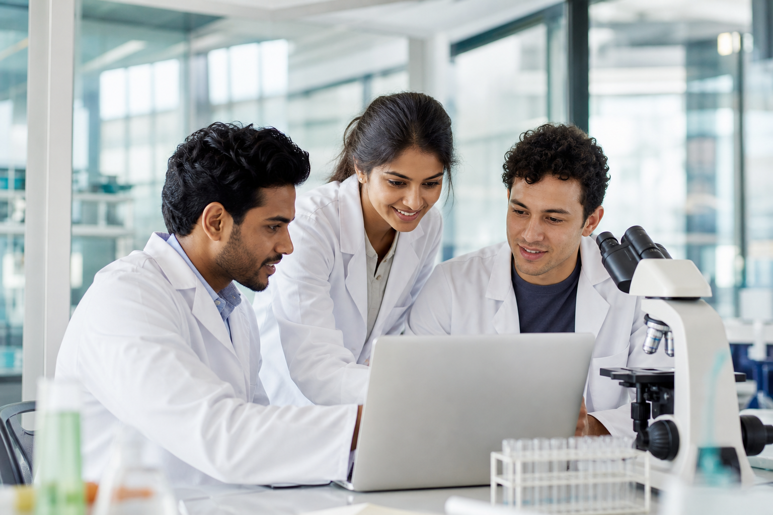 Researchers collaborating in a laboratory
